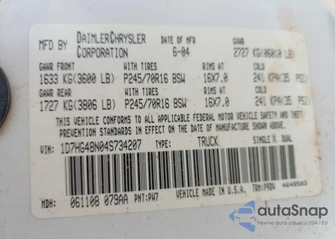 2004 Dodge Dakota Slt from USA, damaged, VIN 1D7HG48N04S734207